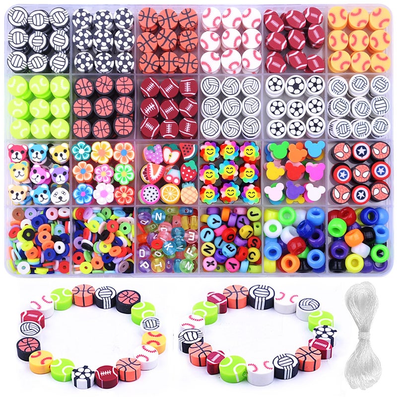 BBita 1000PCS Sports Polymer Clay Beads Bracelet Making kit, 24 Style Cute Fun Ball Beads Baseball Basketball Soccer Rugby Volleyball Football Charms, DIY Bracelet Making kit - Image 1