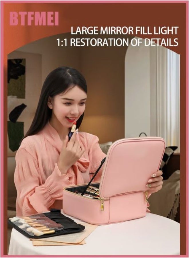 RYN Portable LED Makeup Case with Lighted Mirror, Touch Control, 3 Lighting Modes, Rechargeable, Pink PU Leather, 26x23x11cm - Image 2