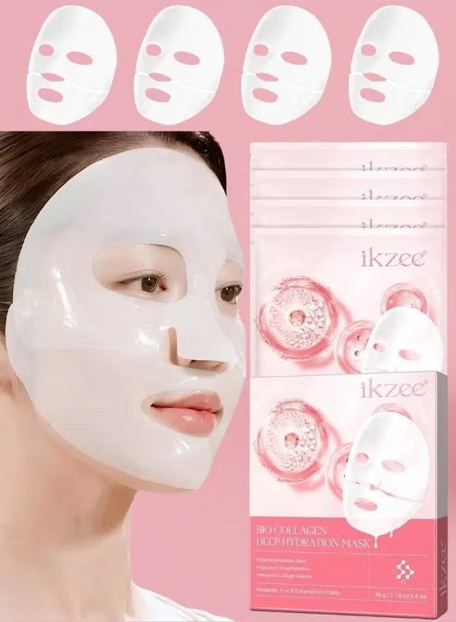 IKZEE Bio Collagen Deep Hydration Mask Nourishing Smooth Real Deep Mask Reduce Wrinkles Facial Pores and Fine Lines Reduce Skin Dryness Deep Hydration Bio Collagen Face Mask 4Pcs - Image 1