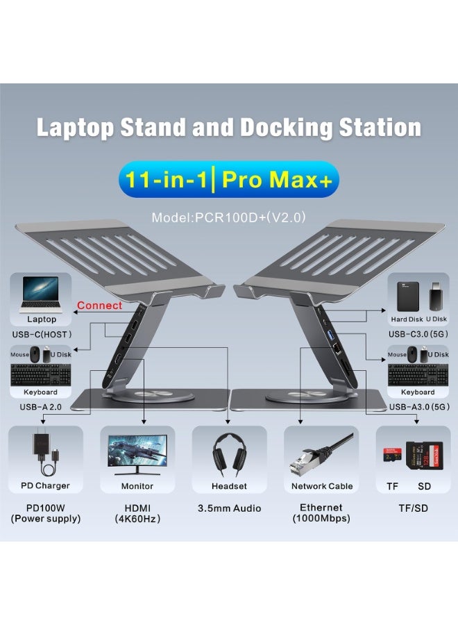 SIGood Adjustable Laptop Stand for Desk with Docking Station 11-in-1, Aluminum Laptop Riser with USB Hub 360°Swivel Dual Display 4K60Hz HDMI Gigabit Ethernet USB3.0 PD100W for MacBook Pro Air/Dell/HP 7-15.6" - Image 4