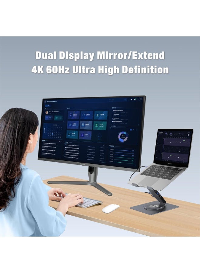 SIGood Adjustable Laptop Stand for Desk with Docking Station 11-in-1, Aluminum Laptop Riser with USB Hub 360°Swivel Dual Display 4K60Hz HDMI Gigabit Ethernet USB3.0 PD100W for MacBook Pro Air/Dell/HP 7-15.6" - Image 5