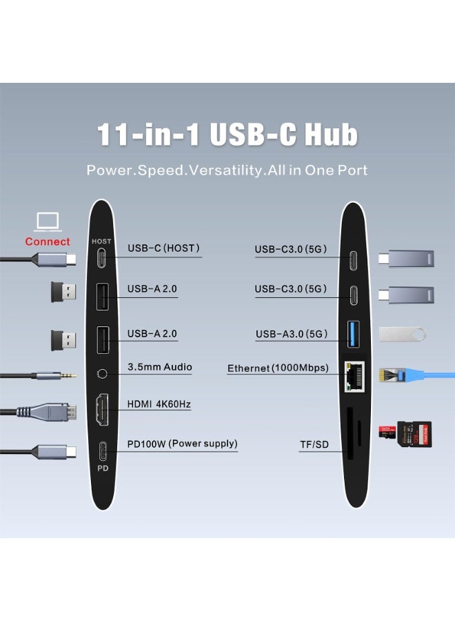 SIGood Adjustable Laptop Stand for Desk with Docking Station 11-in-1, Aluminum Laptop Riser with USB Hub 360°Swivel Dual Display 4K60Hz HDMI Gigabit Ethernet USB3.0 PD100W for MacBook Pro Air/Dell/HP 7-15.6" - Image 3