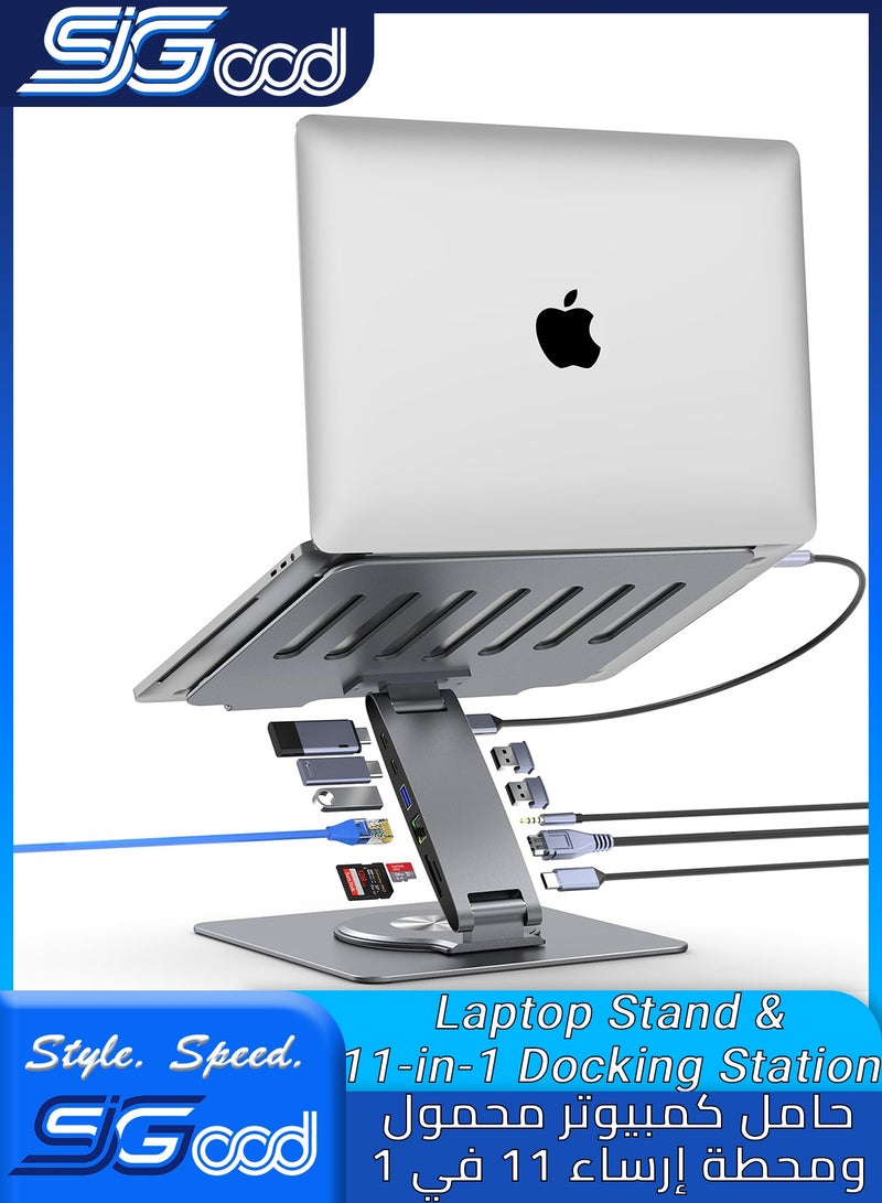 SIGood Adjustable Laptop Stand for Desk with Docking Station 11-in-1, Aluminum Laptop Riser with USB Hub 360°Swivel Dual Display 4K60Hz HDMI Gigabit Ethernet USB3.0 PD100W for MacBook Pro Air/Dell/HP 7-15.6" - Image 1