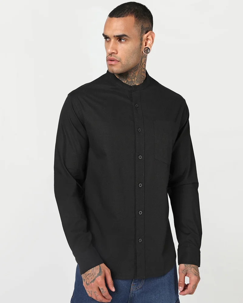 بيواكوف Men's Jet Black Cotton Linen Shirt