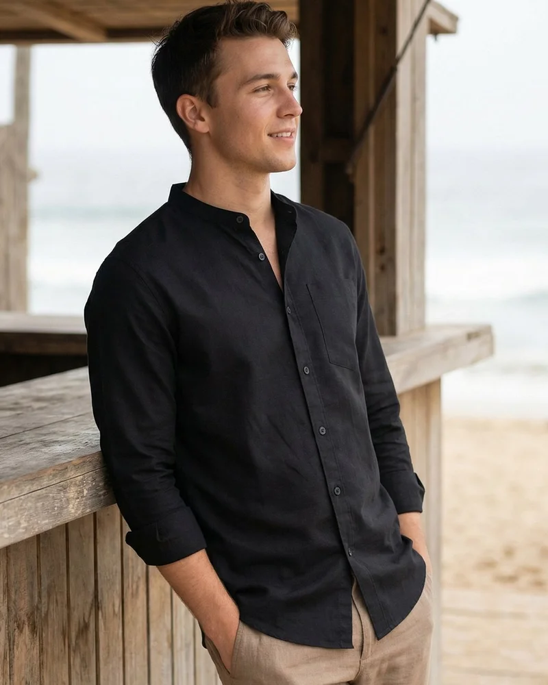 بيواكوف Men's Jet Black Cotton Linen Shirt