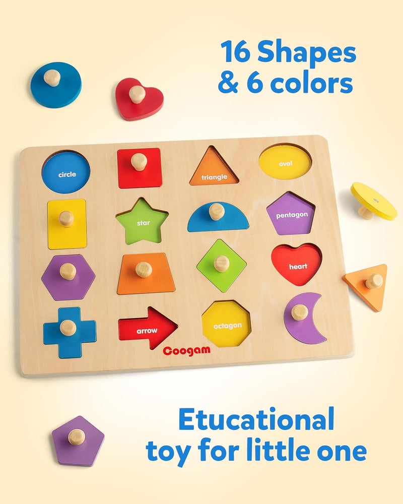 Coogam Montessori Wooden Shape Peg Puzzle, 16-Piece Color Matching Sorting Board, Educational Toy for Toddlers 3-5  Years - Image 3