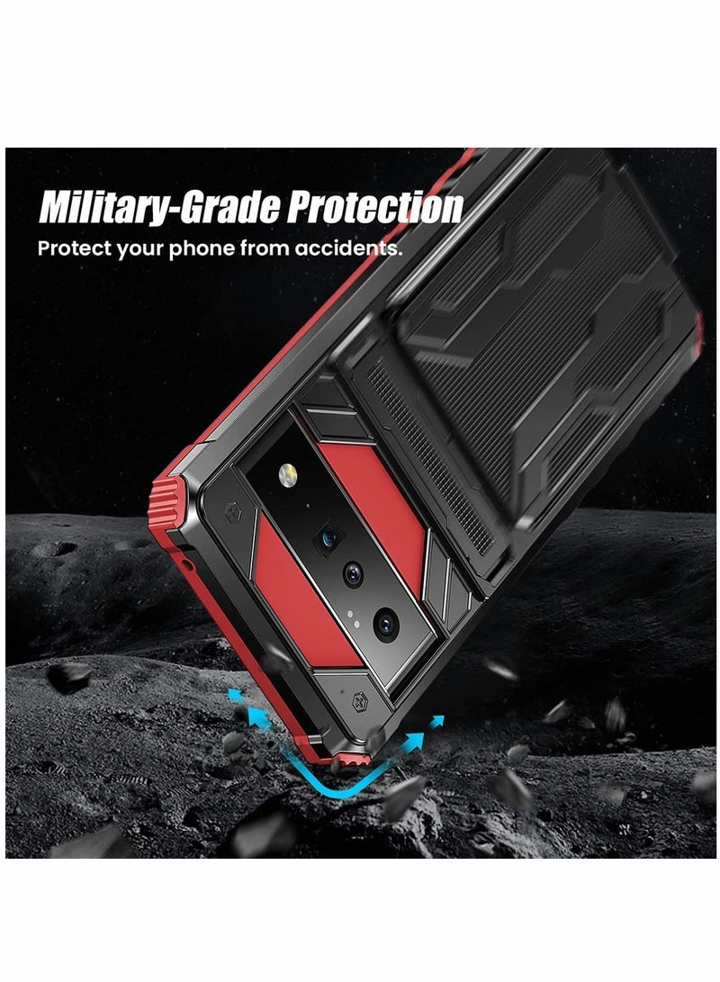 SYOSI Case for Google Pixel 6 Pro 6.7 inch Kickstand Shockproof Cover with Card Holder Soft TPU Protective Defender Bumper Stand Armor Military Grade Protection 6Pro Red - Image 5