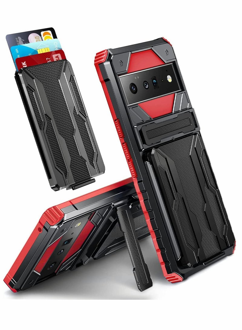 SYOSI Case for Google Pixel 6 Pro 6.7 inch Kickstand Shockproof Cover with Card Holder Soft TPU Protective Defender Bumper Stand Armor Military Grade Protection 6Pro Red - Image 1