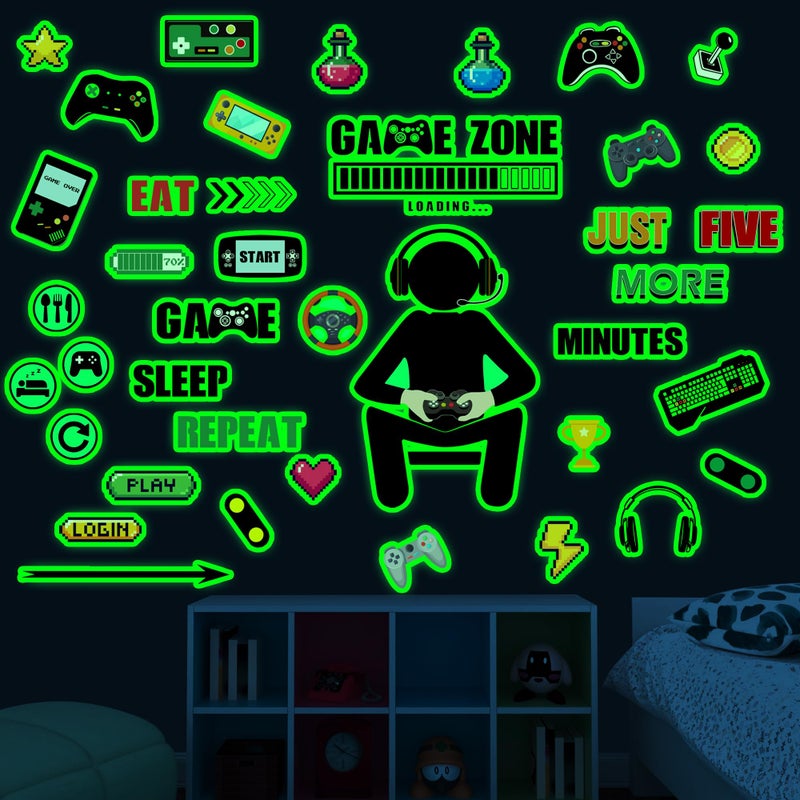 Gamer Wall Decals Stickers Glow in The Dark Wall Decals Game Wall Stickers Gaming Controller Wall Decals Game Room Decor Video Game Decal for Boys Kids Girls Bedoom Playroom Wall Decor Green