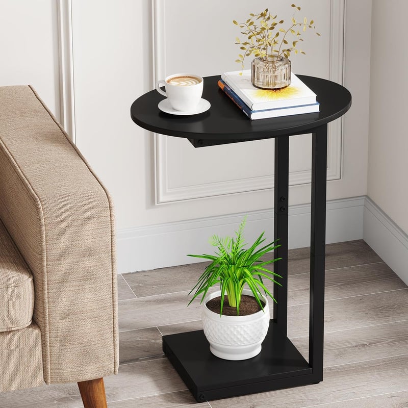 Hosfais Small Side Table End Table, C-Shaped Wood Coffee Table TV Tray for Eating Couch Tables for Small Space, Living Room, (Black) - Image 1