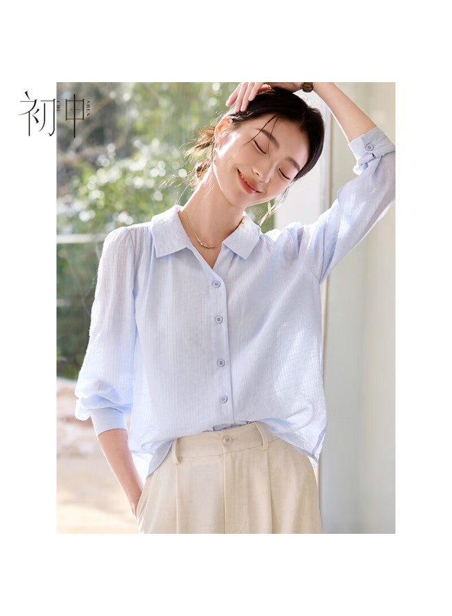 First Application Chushen Spring/Summer Thin Long Sleeve Shirt Women'S Elegant Puff Sleeve Texture Fabric Casual Shirt Air-Conditioning Shirt S51S042 - Image 1