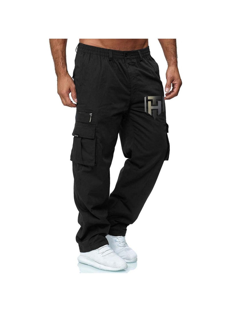 Huitich Men’s Casual Multi-Pocket Workwear Trousers Black, Size L - Image 1