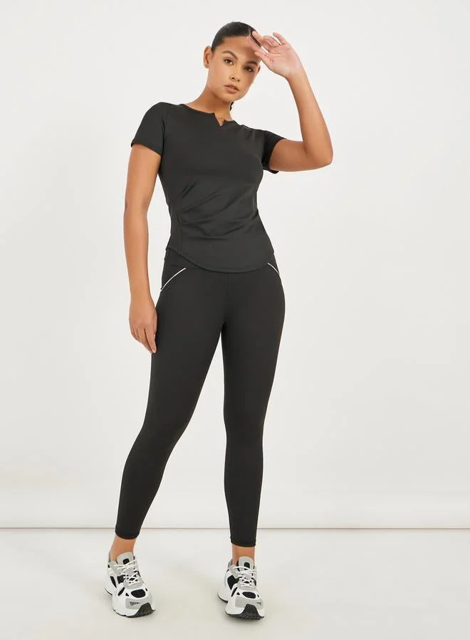Styli Active Gathered Curved Hem Detail Notch Neck Top
