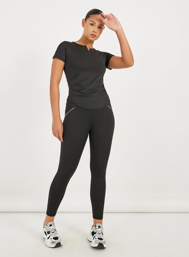 Styli Active Gathered Curved Hem Detail Notch Neck Top - Image 2