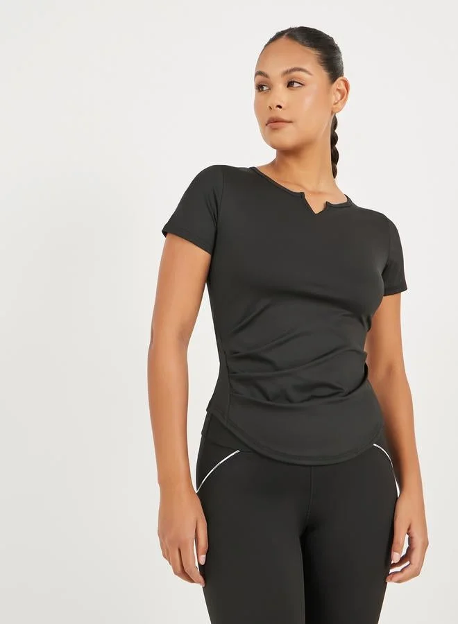 Styli Active Gathered Curved Hem Detail Notch Neck Top