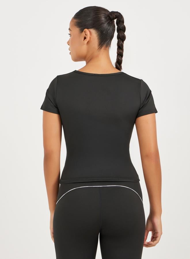 Styli Active Gathered Curved Hem Detail Notch Neck Top - Image 4