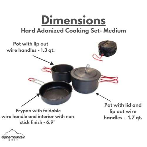 Alpine Mountain Gear 3 Piece Hard-Anodized Cook Set with Lid - Camping Cookware with Mesh Carrying Bag (Made by Caddis Sports) - Image 3