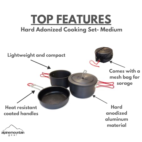 Alpine Mountain Gear 3 Piece Hard-Anodized Cook Set with Lid - Camping Cookware with Mesh Carrying Bag (Made by Caddis Sports) - Image 2