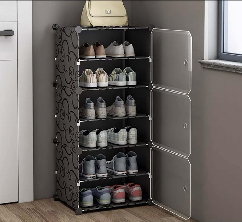 AYSIS 6 Shelf DIY Shoe Rack Box Organizer ^ Multi-Purpose Plastic Shoe Rack for Home, PP Plastic Home Rack with Door for Entryway, Chappal Slipper Shoe Stand【Black, 6-Shelf-3-Door】 - Image 1
