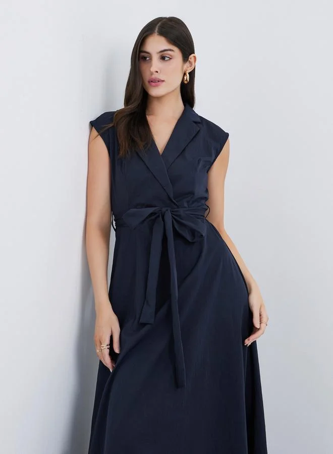 Styli Styli Solid Sleeveless Blazer Maxi Dress with Waist Tie