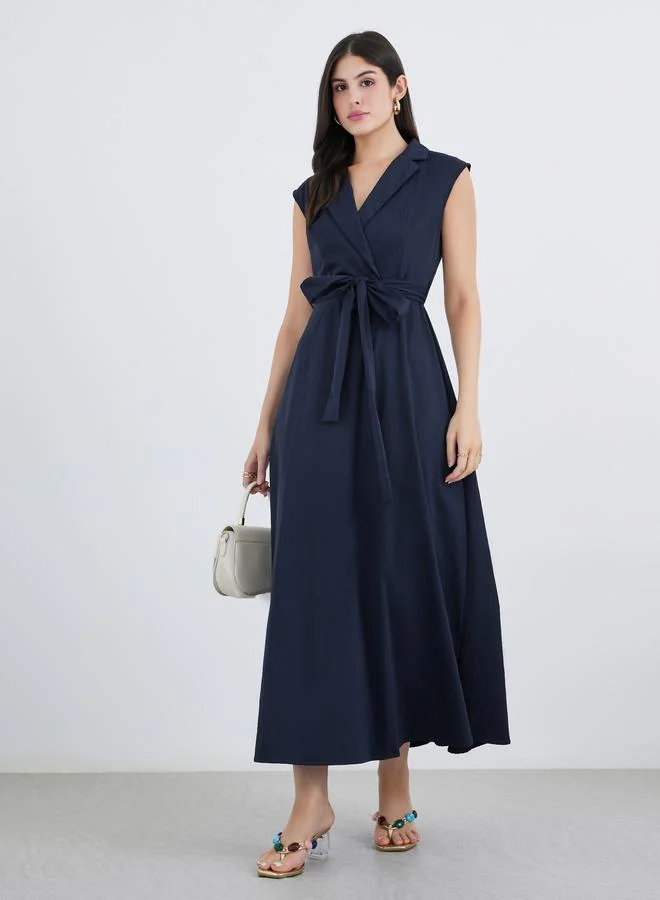 ستايلي Styli Solid Sleeveless Blazer Maxi Dress with Waist Tie
