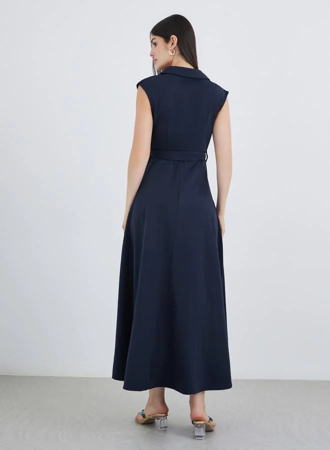 Styli Styli Solid Sleeveless Blazer Maxi Dress with Waist Tie