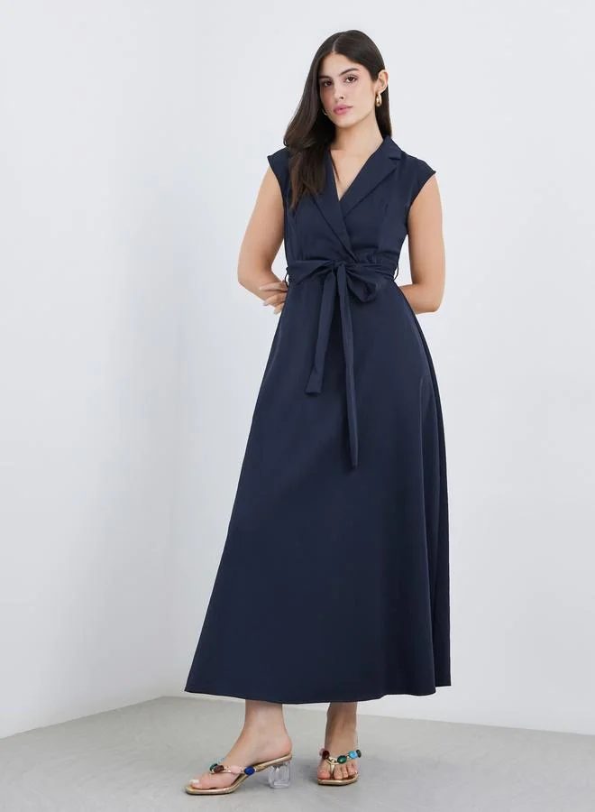 ستايلي Styli Solid Sleeveless Blazer Maxi Dress with Waist Tie