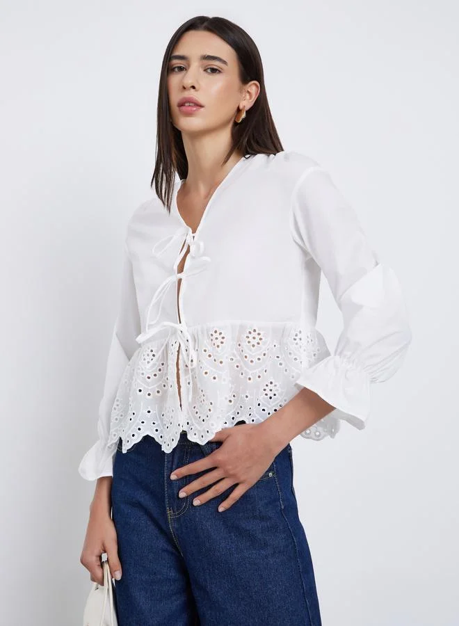 Take Two White Long Sleeve Tie-Front Top