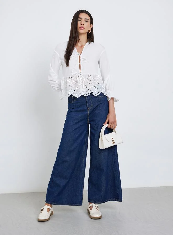 Take Two White Long Sleeve Tie-Front Top