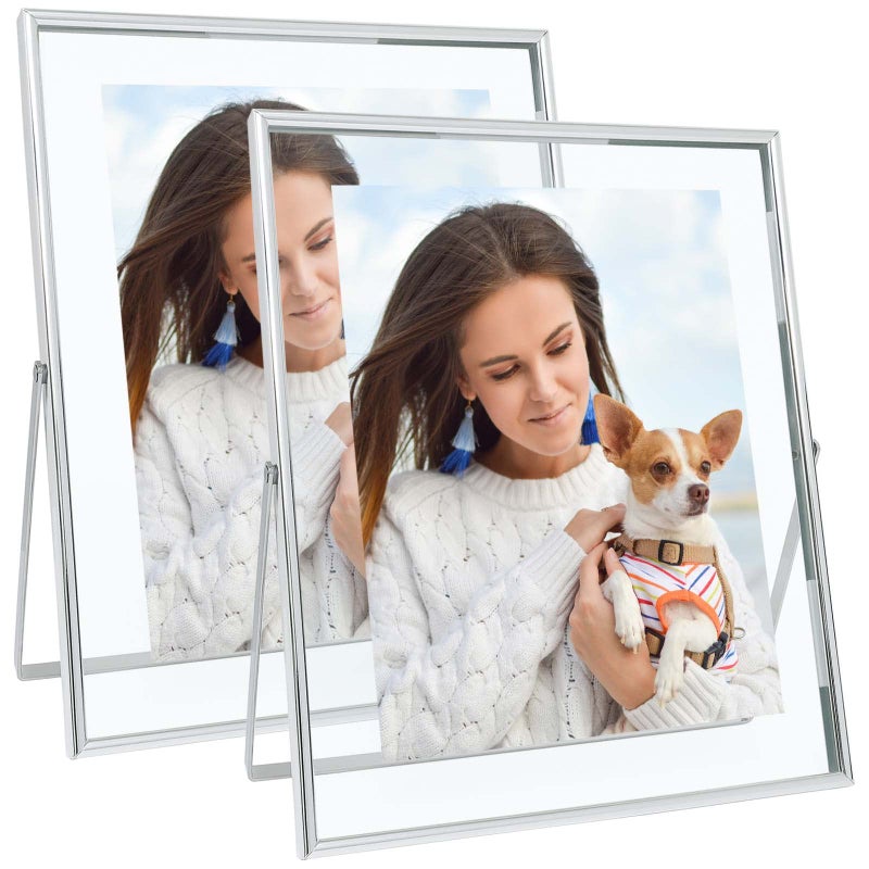Qiannhee Silver Floating Frame 10x12inch2 Pack Picture Frame Hold 10x12in 8x10in 5x7in Photo for Tabletop Glass Finish Metal Stand Frame