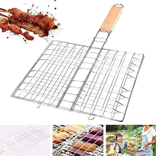 TRAY Barbecue Grill Basket with Wood Handle Stainless Steel Wire Net Basket Portable Cooking Fish Meat Kabob Hamburger Tools for Outdoor Picnic Camping Bonfire Party - Image 1