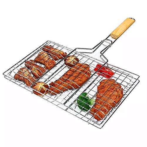 TRAY Barbecue Grill Basket with Wood Handle Stainless Steel Wire Net Basket Portable Cooking Fish Meat Kabob Hamburger Tools for Outdoor Picnic Camping Bonfire Party - Image 3