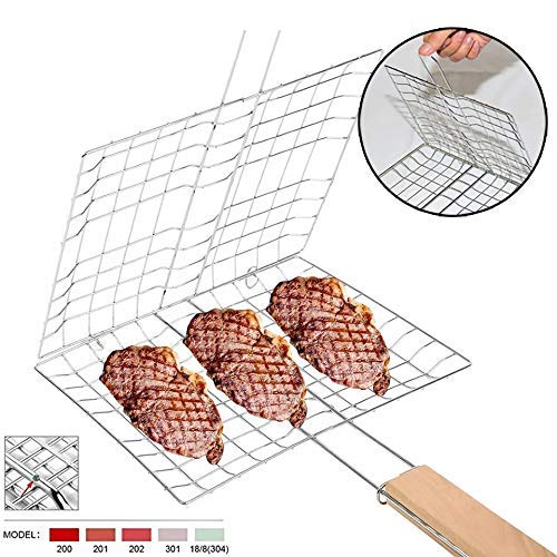 TRAY Barbecue Grill Basket with Wood Handle Stainless Steel Wire Net Basket Portable Cooking Fish Meat Kabob Hamburger Tools for Outdoor Picnic Camping Bonfire Party - Image 2