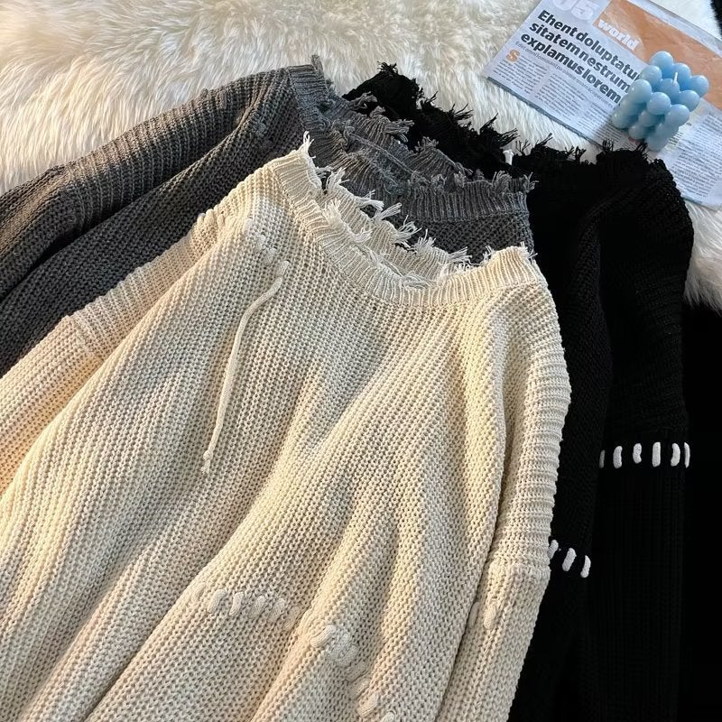 Autumn Ins High Street Ripped Sweater Couple Fashion Brand Loose Lazy Style Sweater Korean Style Trendy Student Sweater - Image 3