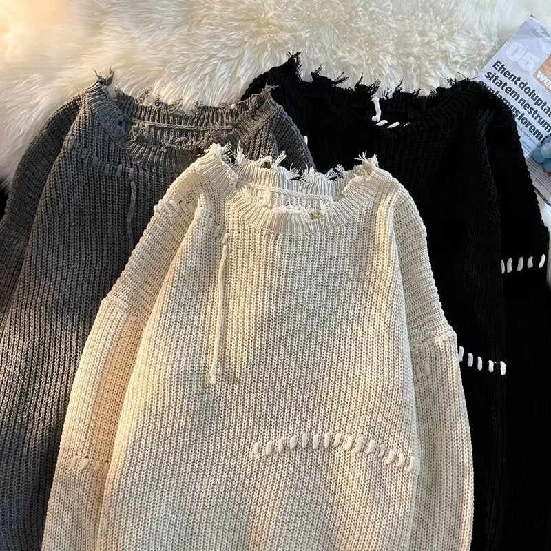 Autumn Ins High Street Ripped Sweater Couple Fashion Brand Loose Lazy Style Sweater Korean Style Trendy Student Sweater - Image 2