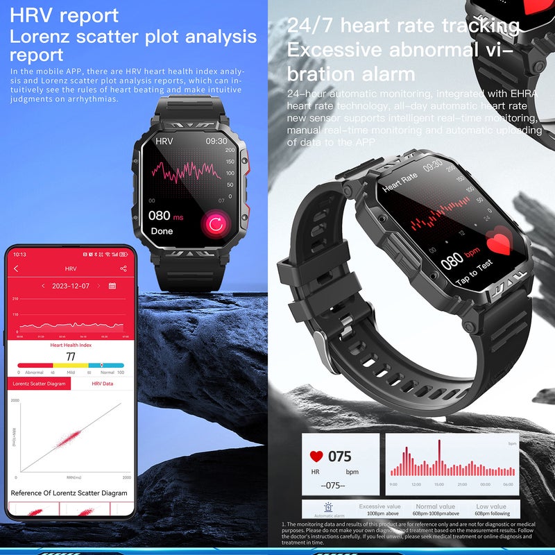 F407 Men's Outdoor Sports Smart Watch, 150 Sport Modes, 2.1 "Full Touch Screen Health Monitor, Blood Glucose/Heart Rate/Uric Acid/Blood Oxygen Monitor, Bluetooth Call, 5ATM Waterproof - Image 3