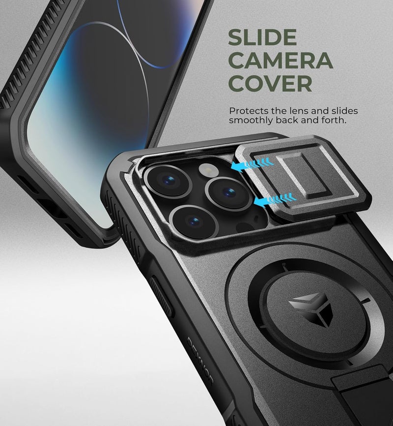 ديكسنور حافظة Dexnor لجهاز iPhone 14 Pro مع غطاء كاميرا منزلق وحامل قابل للتعديل وواقي شاشة مدمج، حافظة مغناطيسية متينة مضادة للصدمات مع غطاء مغناطيسي ثقيل، أسود جودة تقاوم تغير الحرارة - Image 4