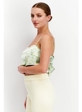 Reclaimed Vintage Women Square Neckline Sleeveless Floral Print Crop Top, Lime  - Image 3