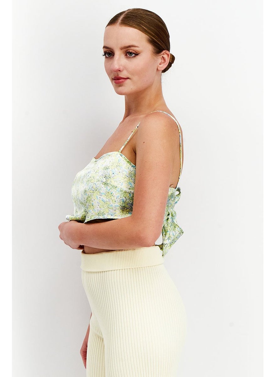 Reclaimed Vintage - Women Square Neckline Sleeveless Floral Print Crop Top, Lime - Image 1