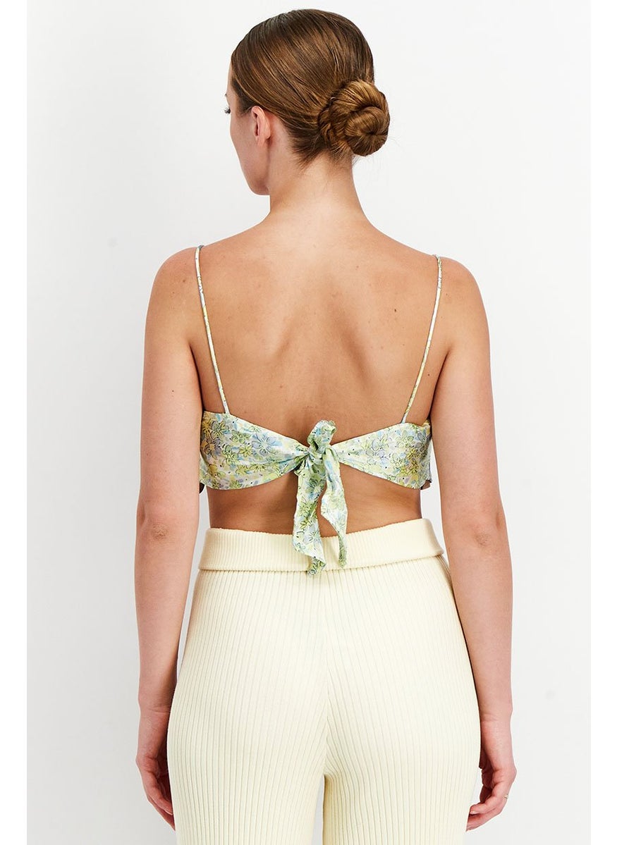 Reclaimed Vintage - Women Square Neckline Sleeveless Floral Print Crop Top, Lime - Image 1