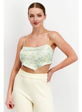 Reclaimed Vintage Women Square Neckline Sleeveless Floral Print Crop Top, Lime  - Image 1