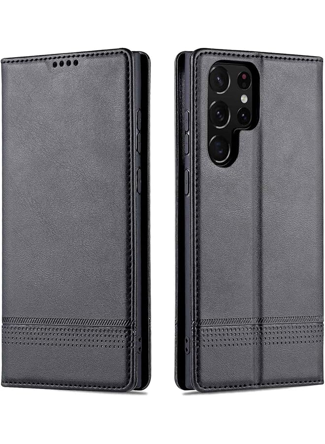 إيروريكس حافظة لهاتف سامسونج جالكسي S22 الترا، حافظة جلدية فاخرة بفتحة للبطاقات، غطاء قابل للطي بمشبك مغناطيسي، غطاء حماية مقاوم للصدمات لهاتف جالكسي S22 الترا، أسود - Image 1