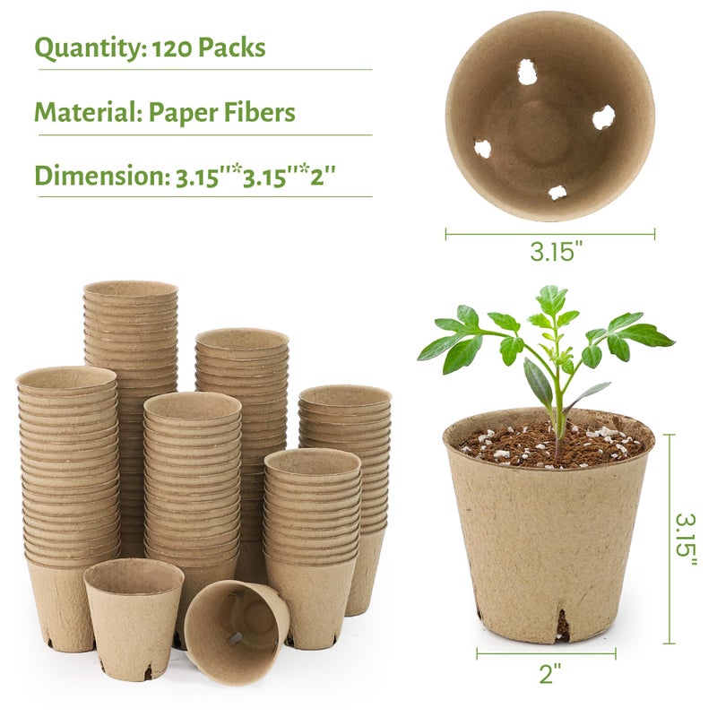 Bluepro 120 Packs 3.15 Inch Peat Pots, Biodegradable Pots for Seedlings with Drainage Holes, Herb Seed Starter - Image 2