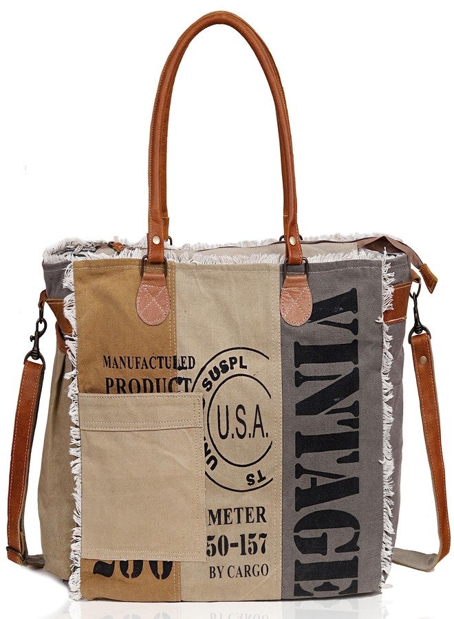 CREATIVE LEATHER ART CLA Bags SEL de MER Large Upcycled Canvas & Cowhide Leather Crossbody Tote Handbag for Women (Cream & Grey Color) - Image 3
