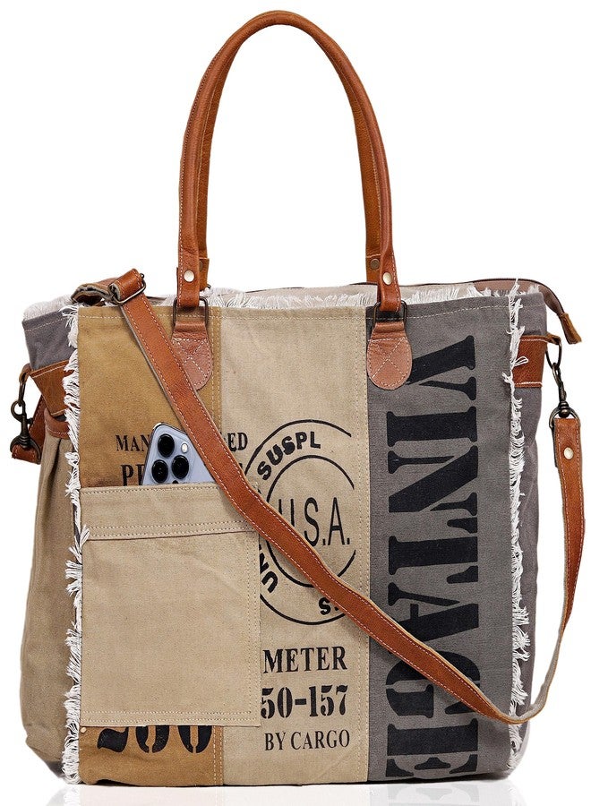 CREATIVE LEATHER ART CLA Bags SEL de MER Large Upcycled Canvas & Cowhide Leather Crossbody Tote Handbag for Women (Cream & Grey Color) - Image 1