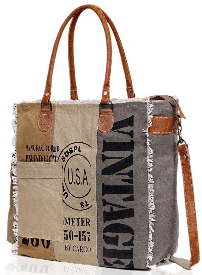 CREATIVE LEATHER ART CLA Bags SEL de MER Large Upcycled Canvas & Cowhide Leather Crossbody Tote Handbag for Women (Cream & Grey Color) - Image 2