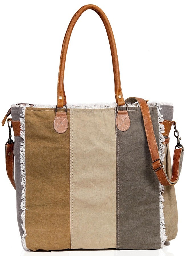CREATIVE LEATHER ART CLA Bags SEL de MER Large Upcycled Canvas & Cowhide Leather Crossbody Tote Handbag for Women (Cream & Grey Color) - Image 4
