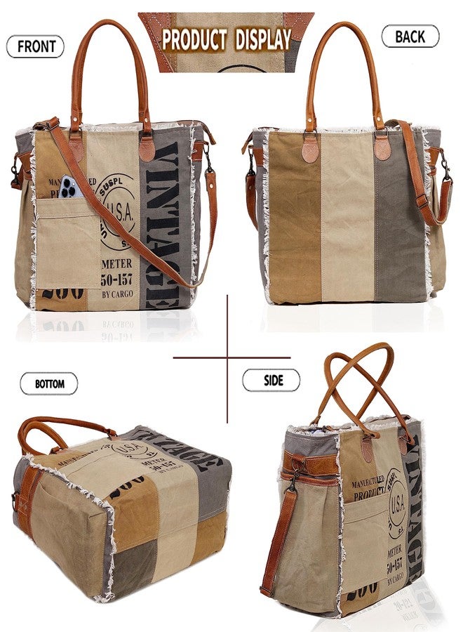 CREATIVE LEATHER ART CLA Bags SEL de MER Large Upcycled Canvas & Cowhide Leather Crossbody Tote Handbag for Women (Cream & Grey Color) - Image 5