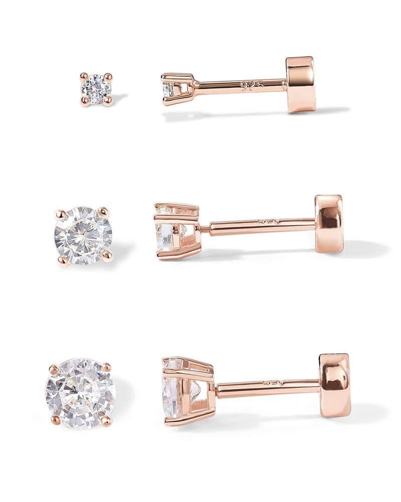 PAVOI 14K Rose Gold Plated Solid 925 Sterling Silver Post Cubic Zirconia Stud Flat Back Earrings Pack for Women | Cartilage Earring & Helix Piercing Jewelry | Small Stud Earrings Set of Three - Image 1