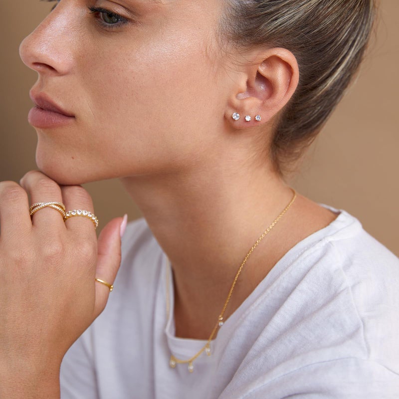 PAVOI 14K Rose Gold Plated Solid 925 Sterling Silver Post Cubic Zirconia Stud Flat Back Earrings Pack for Women | Cartilage Earring & Helix Piercing Jewelry | Small Stud Earrings Set of Three - Image 2